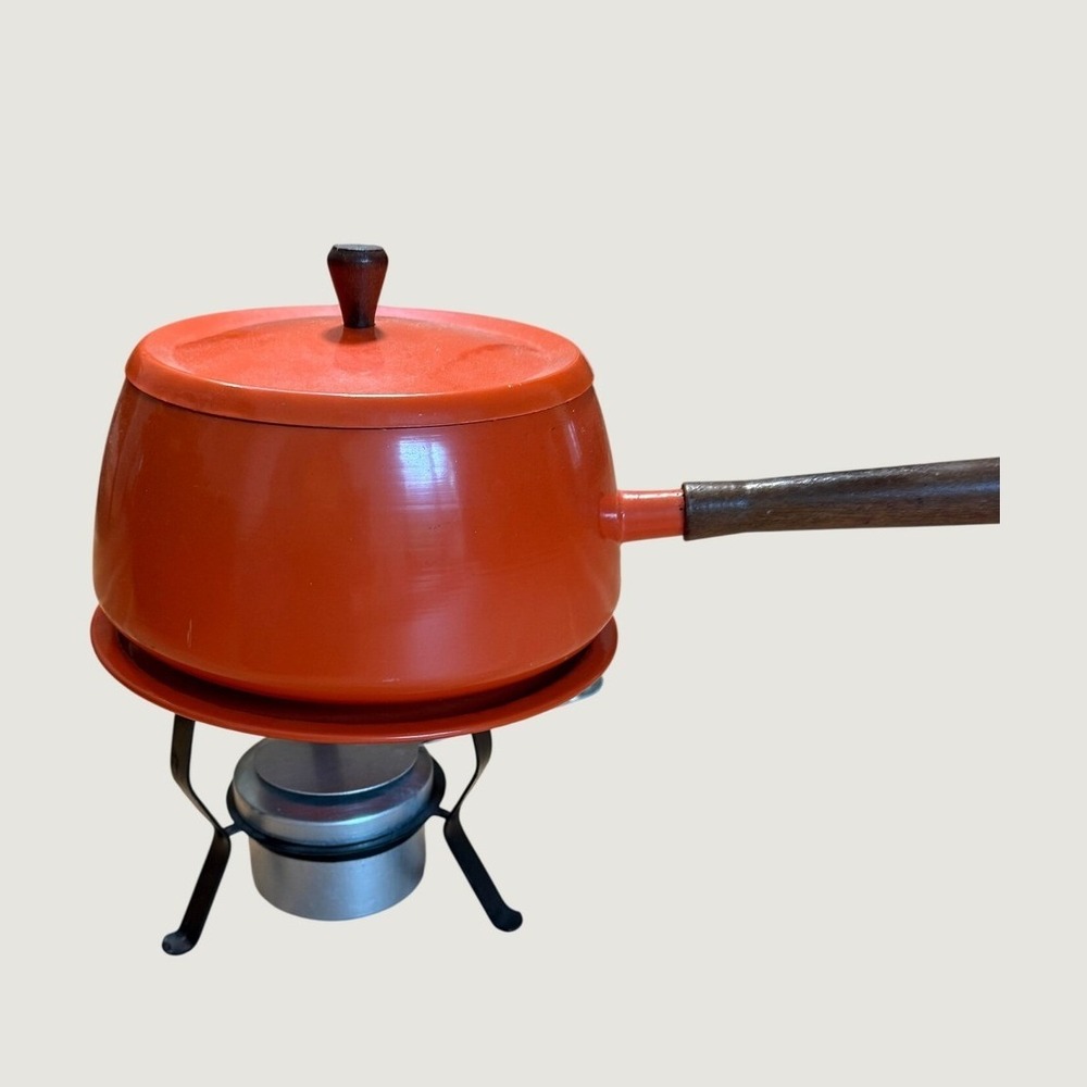 Vintage Fondue Pot Set MCM Orange Enamel Wood Handle Retro 70s Kitchenware
